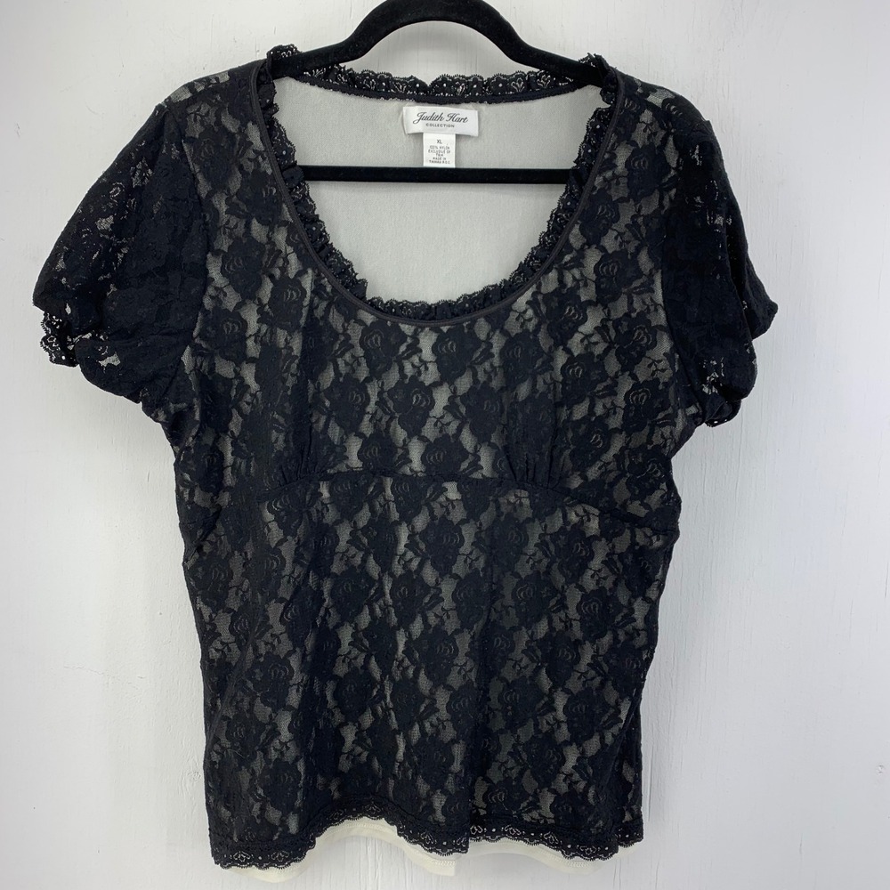 Judith Hart Womens XL Black Floral Lace Top Coquette Romantic Whimsigoth Fairy